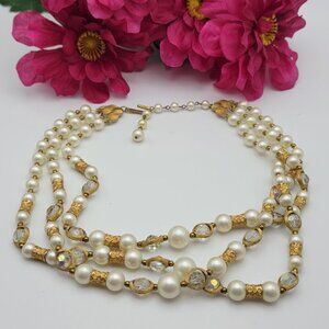 Art Deco White Faux Pearl Clear Glass Gold Tone Beaded Layered Necklace 17"